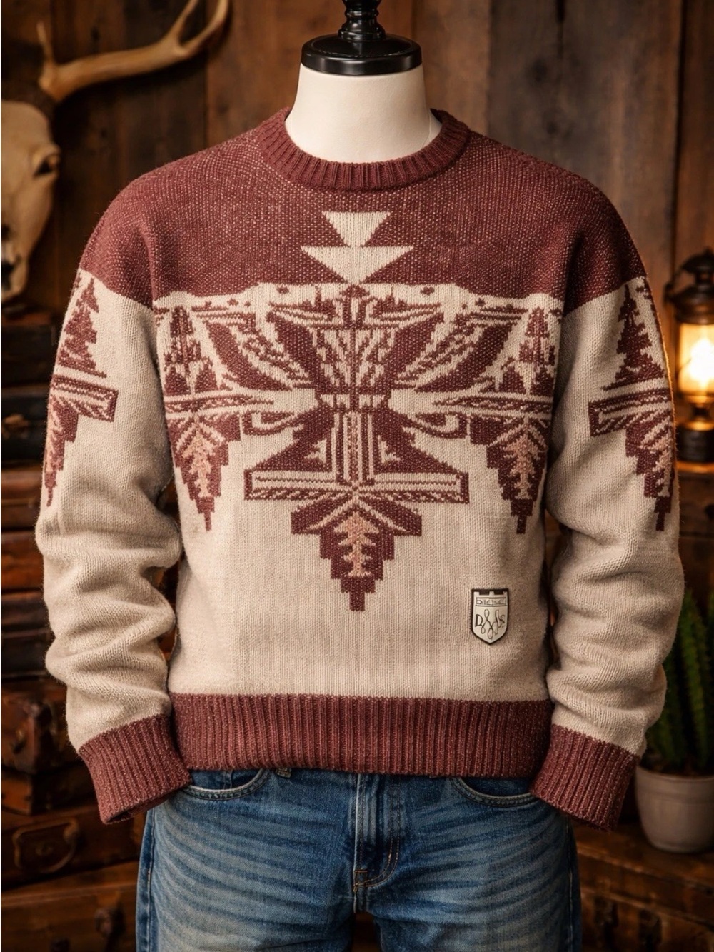 Diesel Aztec Crewneck Sweater - Beige & Rust
